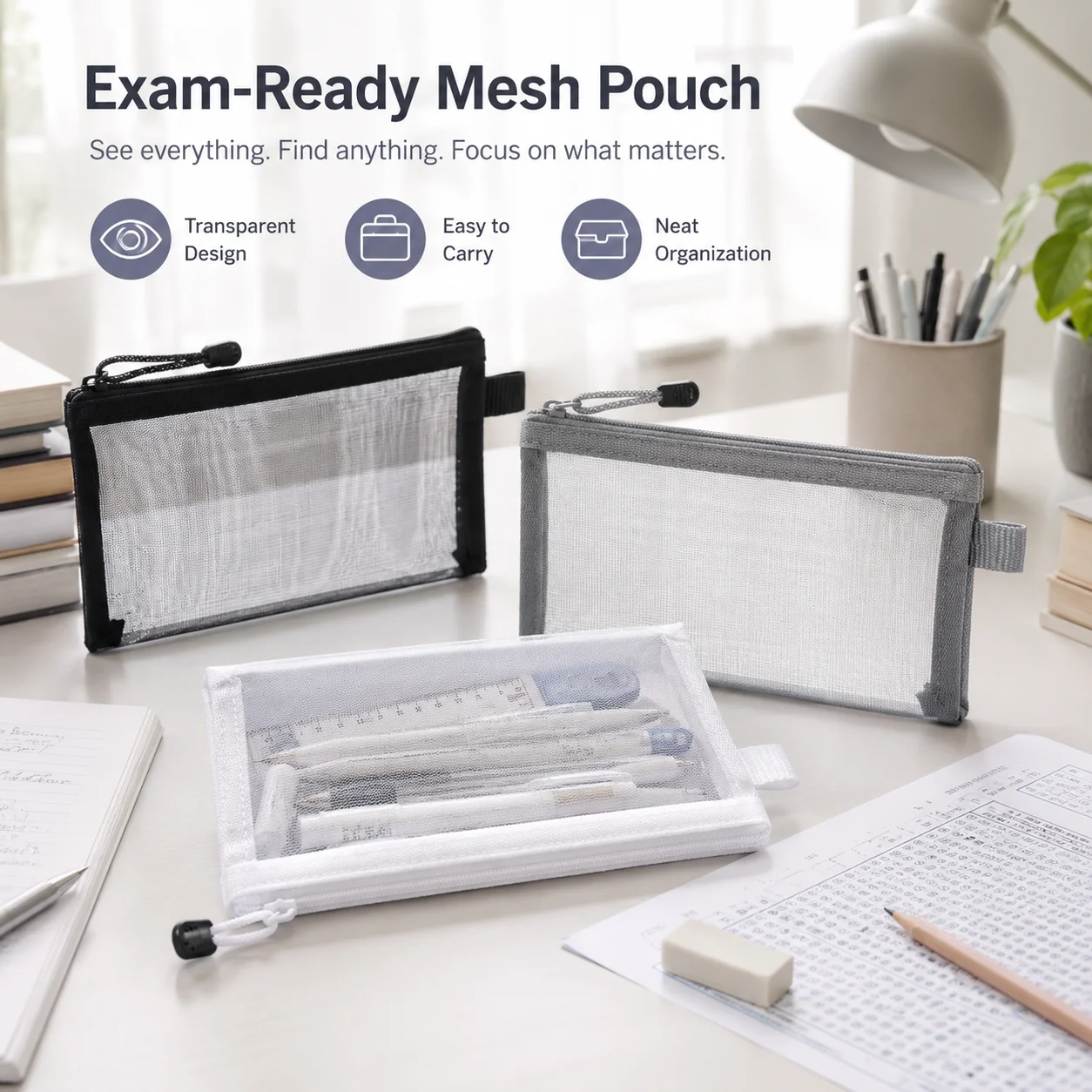 Clear Mesh Pencil Pouch For Exam - Şeffaf Fileli Kalem Çantası, Sınav Kullanımı