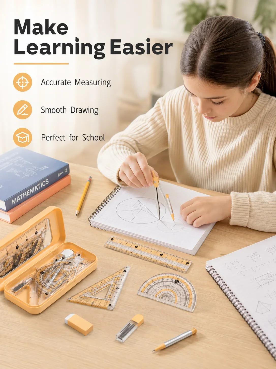 Math Geometry Set With Compass - Öğrenciler için 8 Parçalı Matematik Geometri