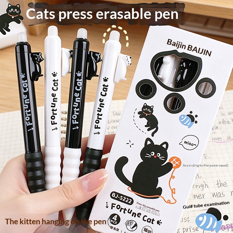 Retractable Eraser Pen Click - 4'lü Paket Sevimli Kedi Figürlü Silinebilir