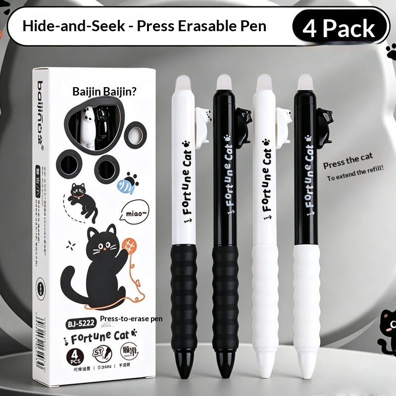 Retractable Eraser Pen Click - 4 adet Sevimli Kedi Desenli Silinebilir