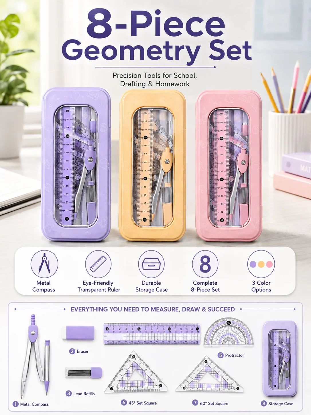 Öğrenciler için 8 Parçalı Mate - Math Geometry Set With Compass incelemesi ve fiyatı