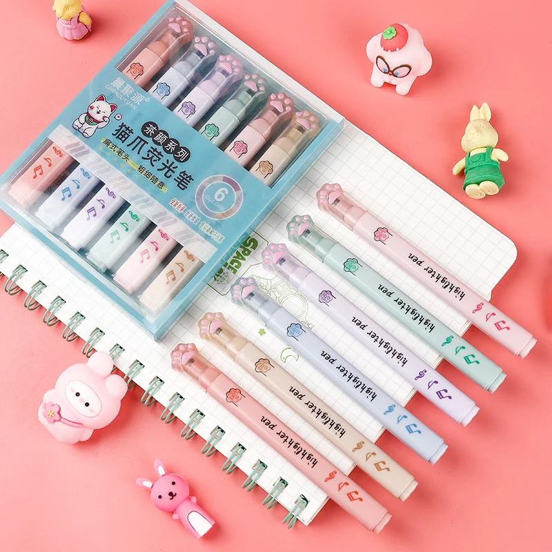 6 adet/paket Kawaii Kedi Pençe - Pastel Highlighter Set Double Ended incelemesi ve fiyatı